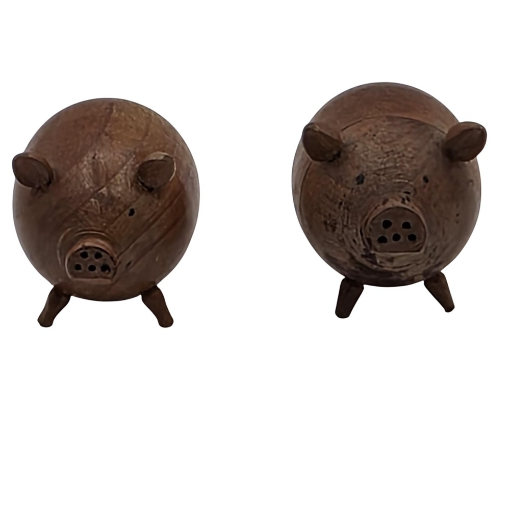 Wood Pig Salt Pepper Shakers Set of 2 Hand Carved Wooden Farmhouse Rustic Decor